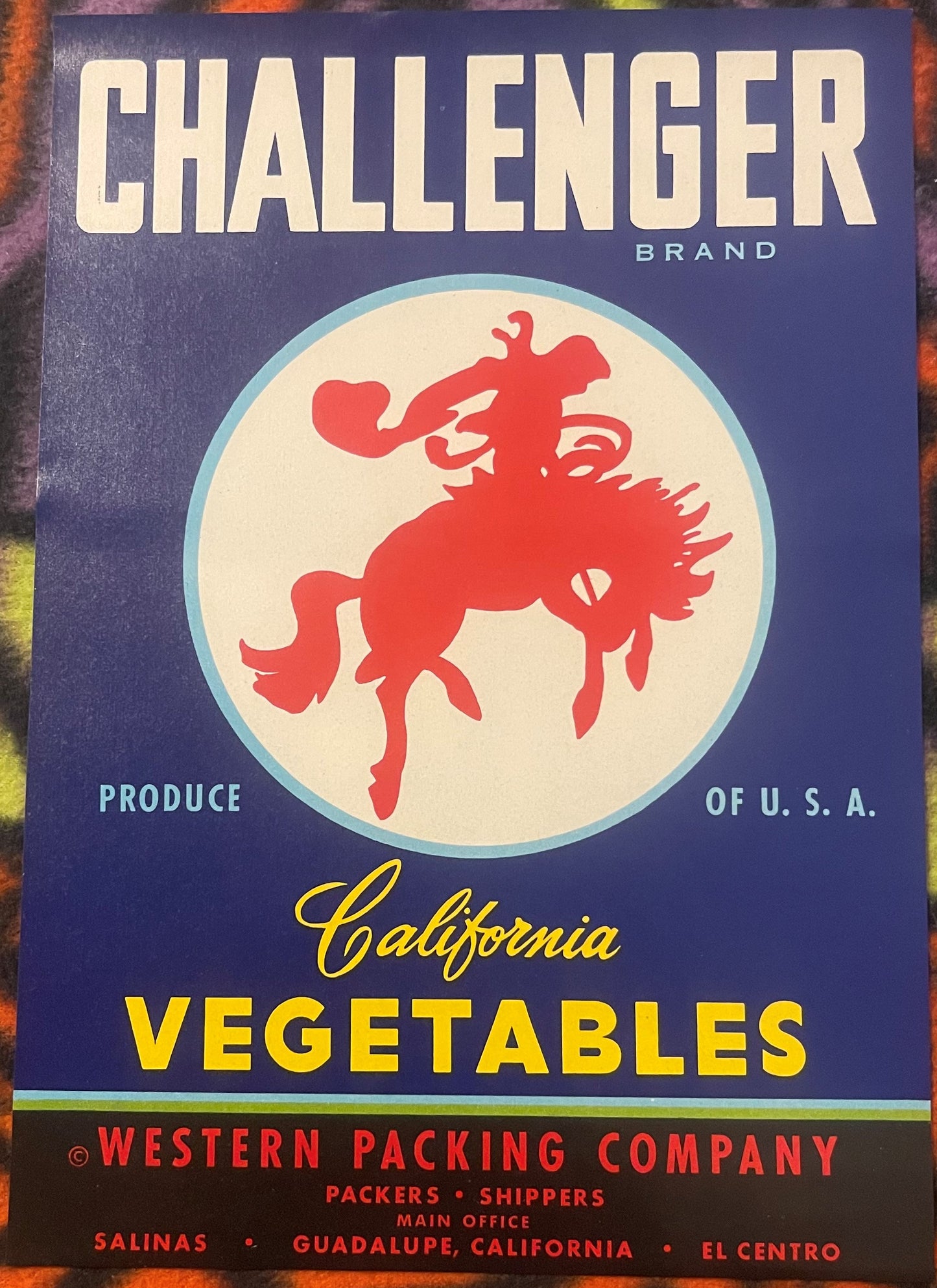 Vintage Challenger Brand vegetable crate label featuring red bucking horse logo on blue background with yellow text, Western 