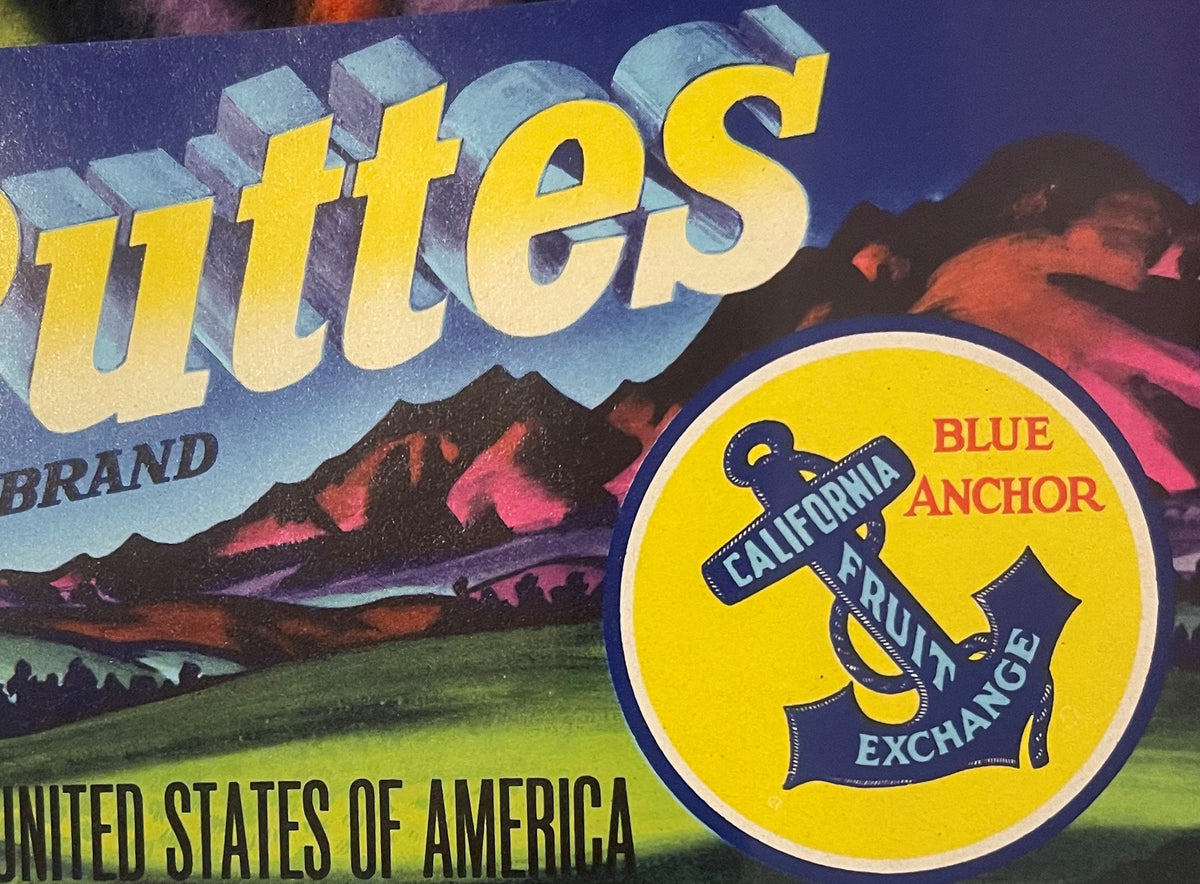 Vintage fruit crate label with yellow "Sutter's" text, mountain landscape, and circular Blue Anchor California Fruit Exchange