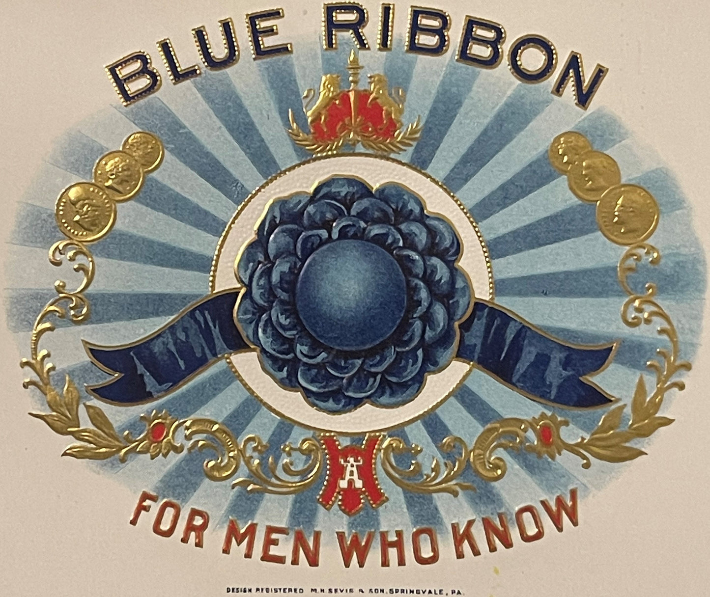 Antique 1900s - 1920s Blue Ribbon Large Embossed Cigar Label 🚬 "For Men Who Know"