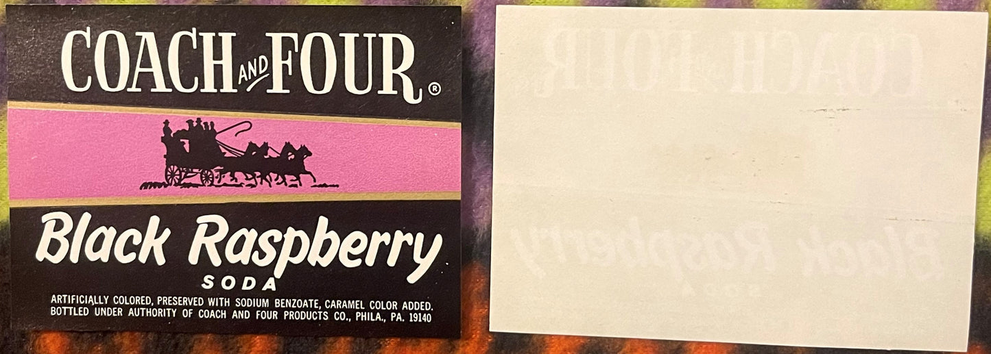 Vintage Coach and Four Black Raspberry Soda label with pink and brown design, next to blank cream-colored backing card for sc