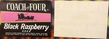 Vintage Coach and Four Black Raspberry Soda label with pink and brown design, next to blank cream-colored backing card for sc