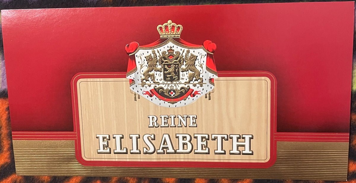 Vintage cigar label with red background, wooden center panel reading "REINE ELISABETH" in embossed letters, ornate royal coat
