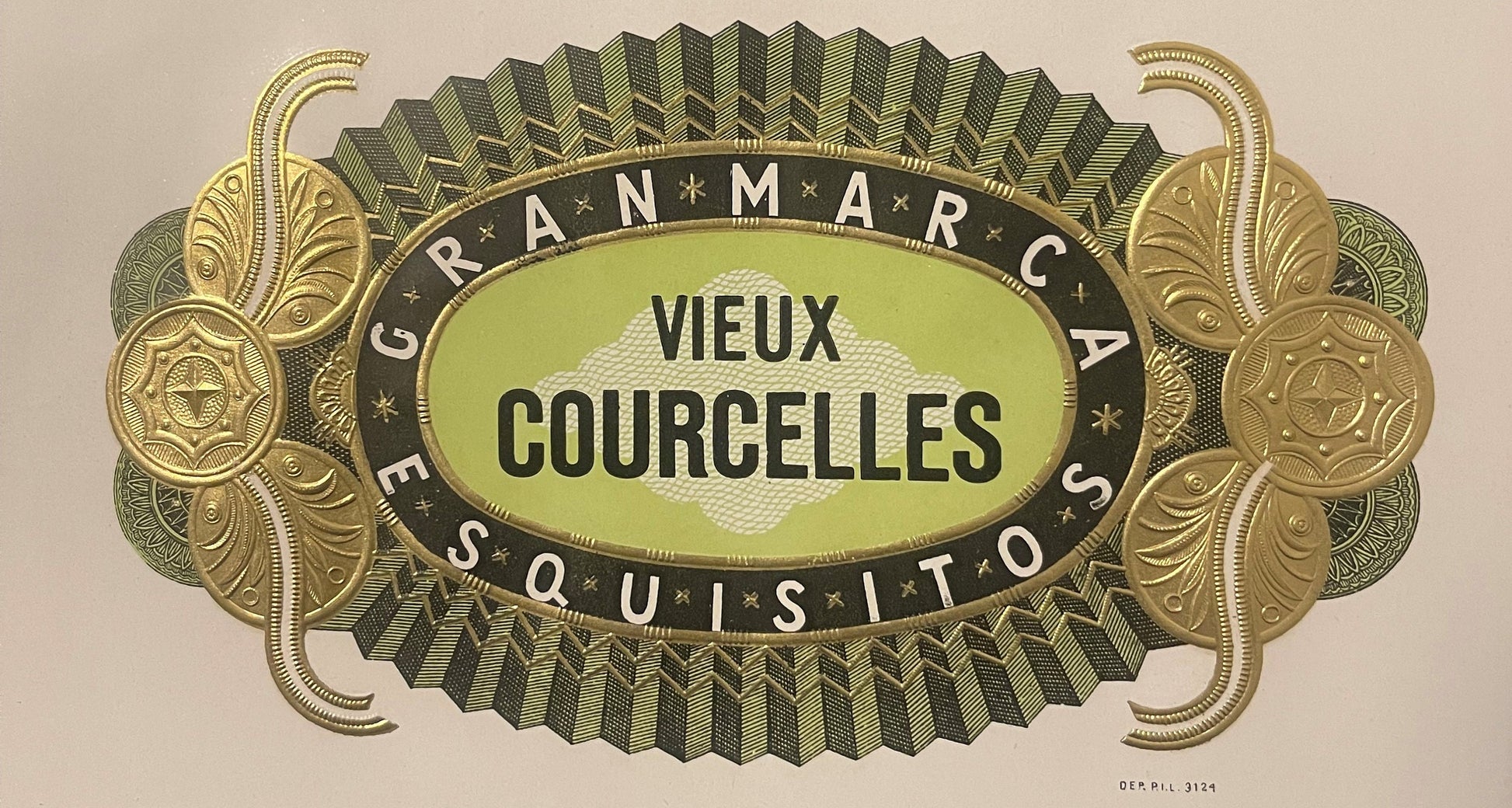 Ornate vintage cigar label with gilt embossed borders, lime green center oval, and black band reading "G. RANMARCA VIEUX COUR