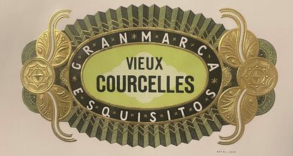 Ornate vintage cigar label with gilt embossed borders, lime green center oval, and black band reading "G. RANMARCA VIEUX COUR