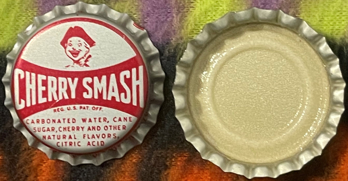 Vintage Cherry Smash bottle cap showing red and white label with smiling clown face, displayed front and back views on colorf