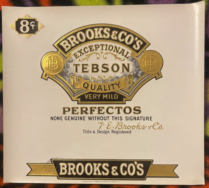 Antique Brooks & Co's Tebson Perfectos cigar label with gold embossed ornate badge, "Very Mild" and "Exceptional Quality" tex