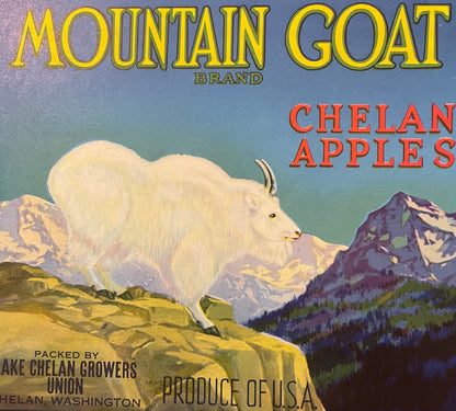Antique Mountain Goat Brand Chelan Apples crate label: a white mountain goat on a rocky ledge before snow-capped mountains, packed by Lake Chelan Growers Union, Chelan, Washington, Produce of U.S.A.