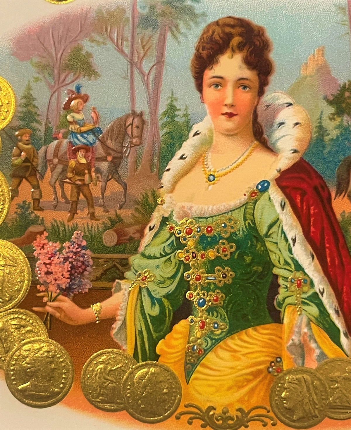 Antique Calsetta cigar label with ornate gold embossed border, featuring a regal woman in green gown with ermine stole and go