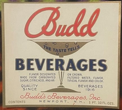 Vintage Budd Beverages label with red script logo, navy text, and cream background, showing contents of 1 pint 10 fluid ounce