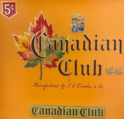 Vintage Canadian Club cigar label with red maple leaf design, ornate typography, and 5¢ price mark on orange background