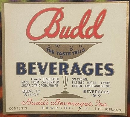 Vintage Budd Beverages soda bottle label with red script logo and navy text on cream background, Newport bottling works, 1 pi