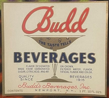 Vintage Budd Beverages soda bottle label with red script logo and navy text on cream background, Newport bottling works, 1 pi