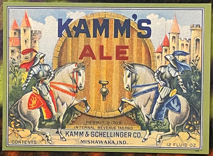 Vintage Kamm's Ale beer label featuring two armored knights on white horses flanking a large wooden barrel, with castle tower