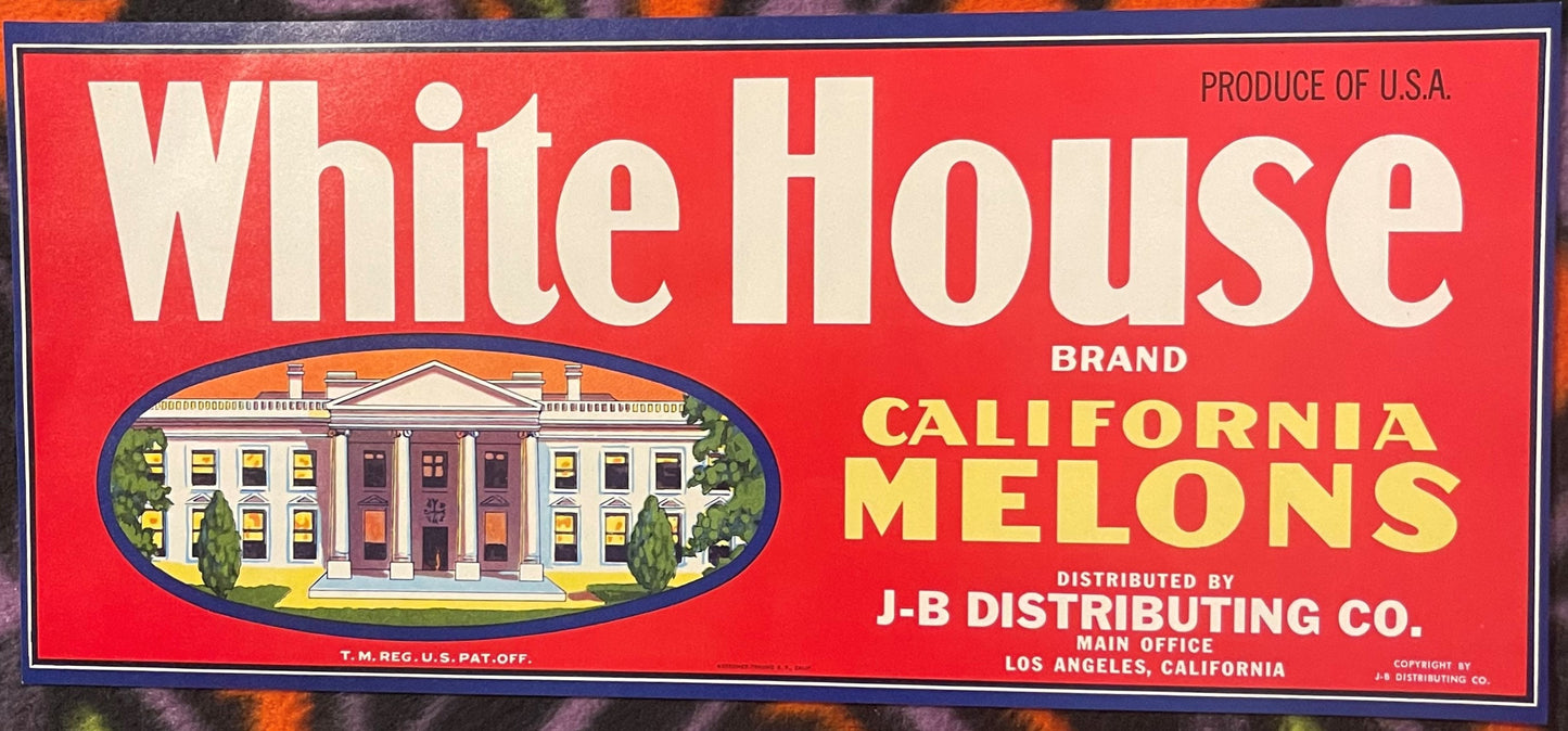 Vintage red fruit crate label featuring White House illustration with "White House Brand California Melons" text in cream and