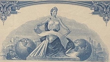 Blue and cream engraved stock certificate featuring allegorical woman seated on globes with industrial cityscape