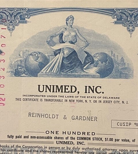 Vintage stock certificate for Unimed Inc, 100 shares at $1 par value, featuring allegorical female figure and decorative blue
