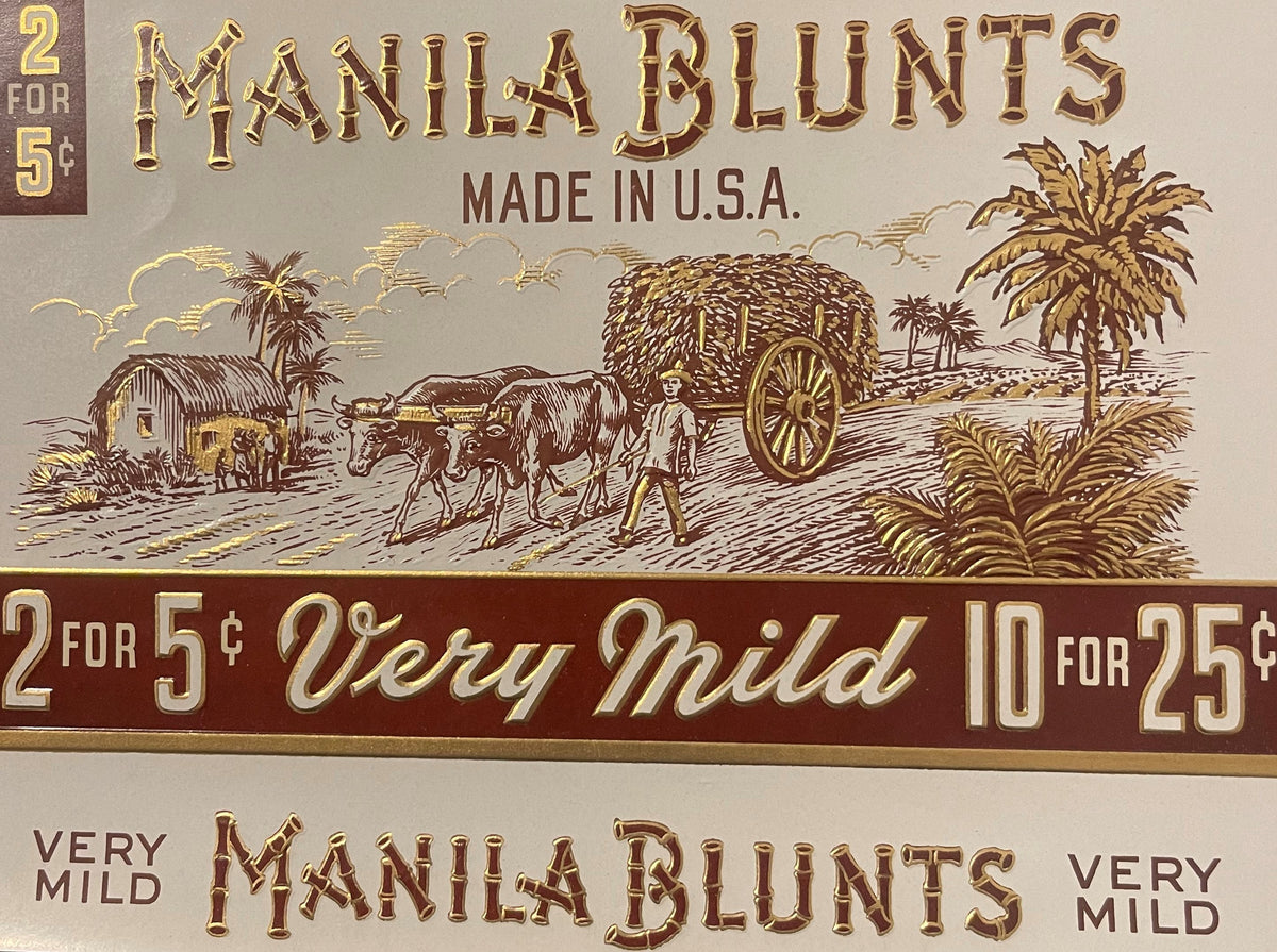Antique Manila Blunts cigar label with embossed gold foil lithograph showing oxen cart and tropical scene, pricing text visib