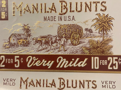 Antique Manila Blunts cigar label with embossed gold foil lithograph showing oxen cart and tropical scene, pricing text visib