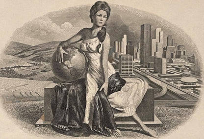 Engraved illustration of a woman in classical dress seated between rural landscape and modern city skyline, rendered in black