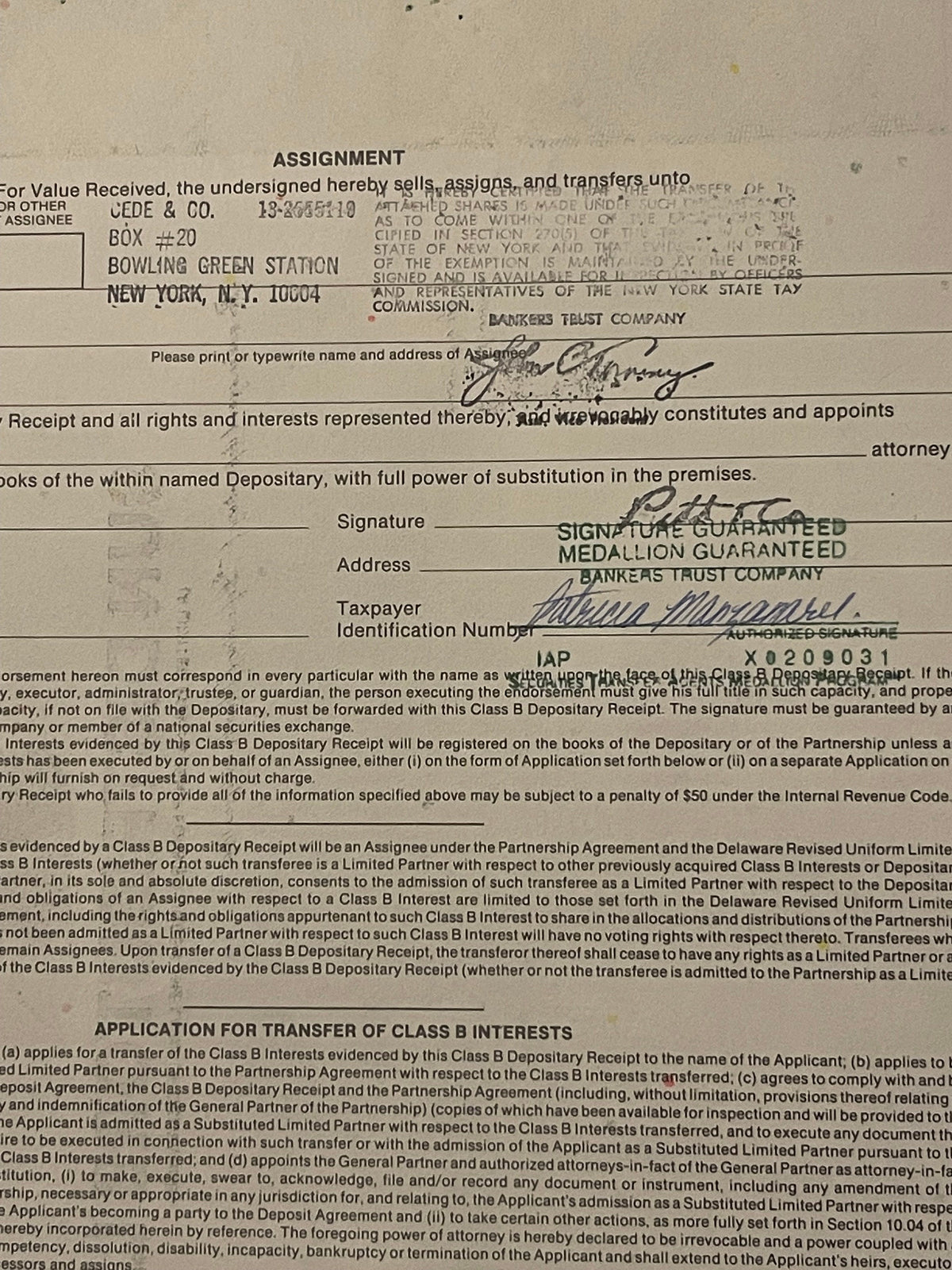 Vintage stock certificate assignment form with typed and handwritten entries, addressed to UEDE & CO. in Bowling Green Statio