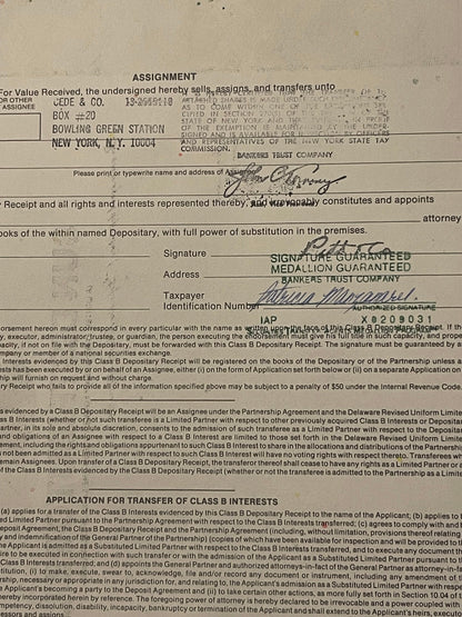 Vintage stock certificate assignment form with typed and handwritten entries, addressed to UEDE & CO. in Bowling Green Statio