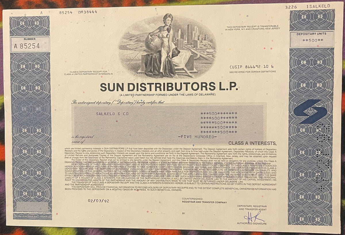 1992 Sun Distributors L.P. Class A stock showing allegorical figure and cityscape vignette, with