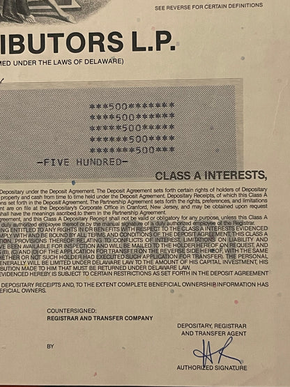 Bottom portion of vintage stock certificate for Sun Distributors L.P., showing Class A Interests text, depositary receipt det