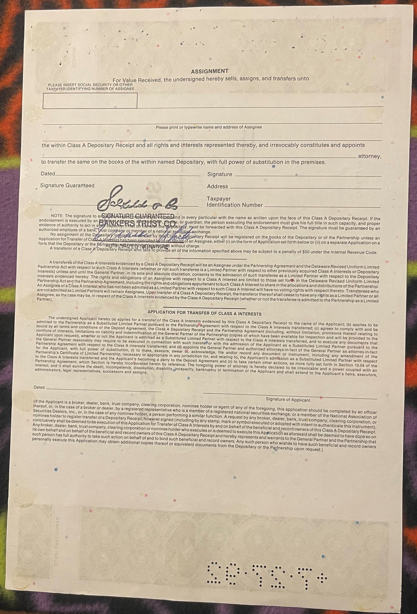 Vintage legal document titled "Assignment" for Class A Depositary Receipt transfer, with printed form fields and handwritten 