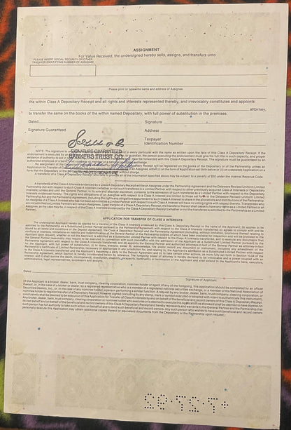 Vintage legal document titled "Assignment" for Class A Depositary Receipt transfer, with printed form fields and handwritten 