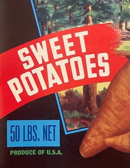 Vintage sweet potato crate label with red banner and blue text, held by a hand for scale, showing "50 LBS. NET" and "PRODUCE 