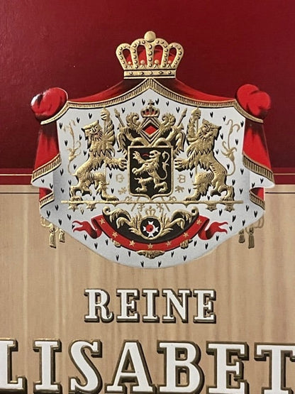 Ornate embossed cigar label with gold crown, heraldic coat of arms, red ribbons, and "REINE ELISABETH" text on cream
