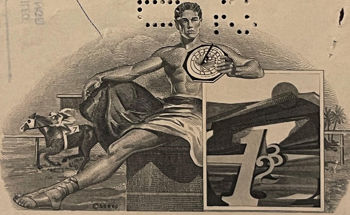 Engraved vintage stock certificate illustration showing classical male figure holding compass, with inset landscape vignette 
