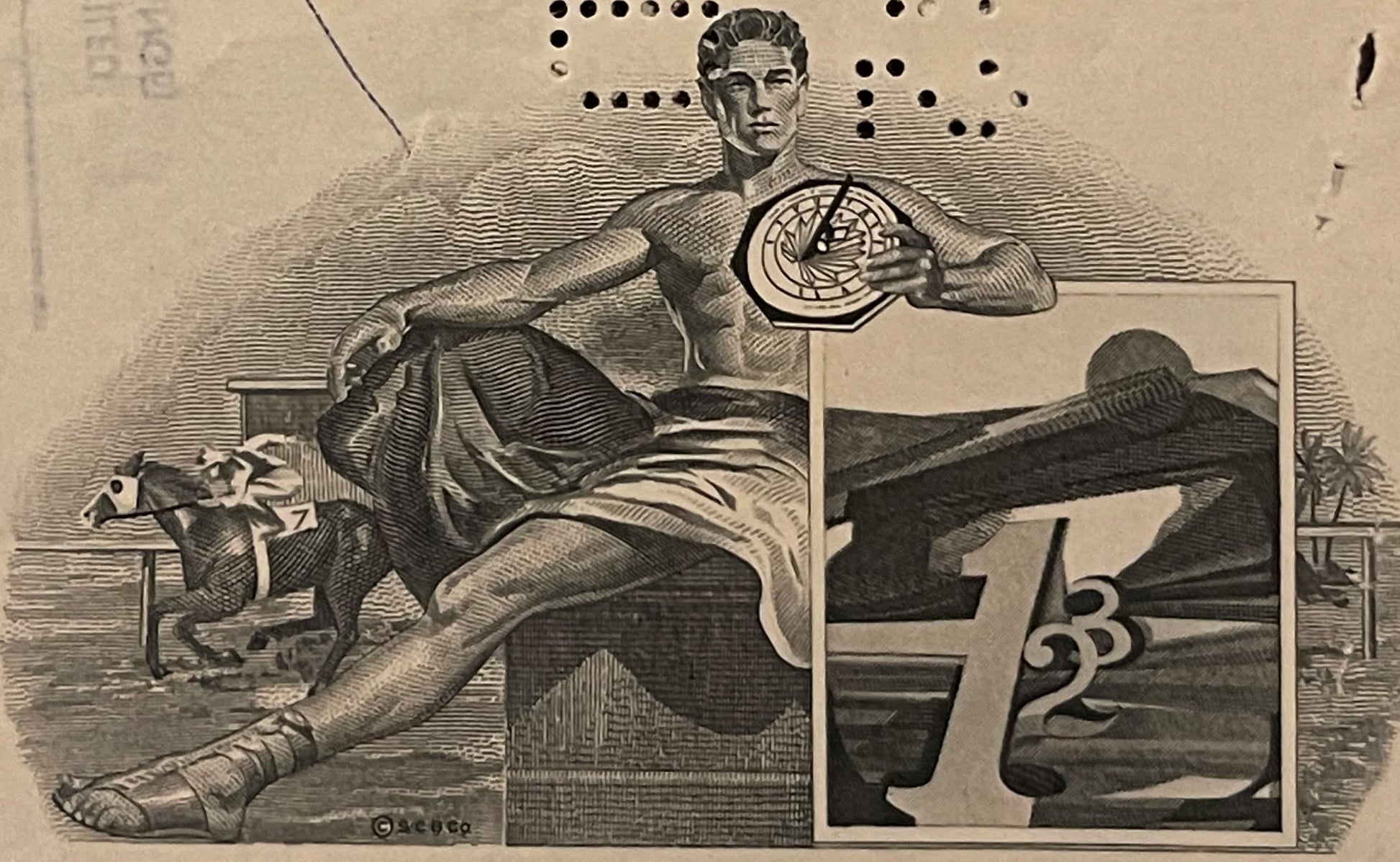 Engraved vintage stock certificate illustration showing classical male figure holding compass, with inset landscape vignette 