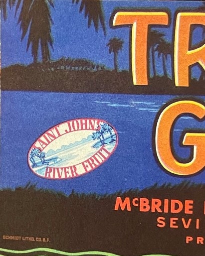 Antique citrus crate label featuring "Tropic Gold" in large orange letters, with "McBride Seville Packing" printed below. Blue twilight landscape with palm trees silhouettes and a Saint Johns River Fruit oval stamp.