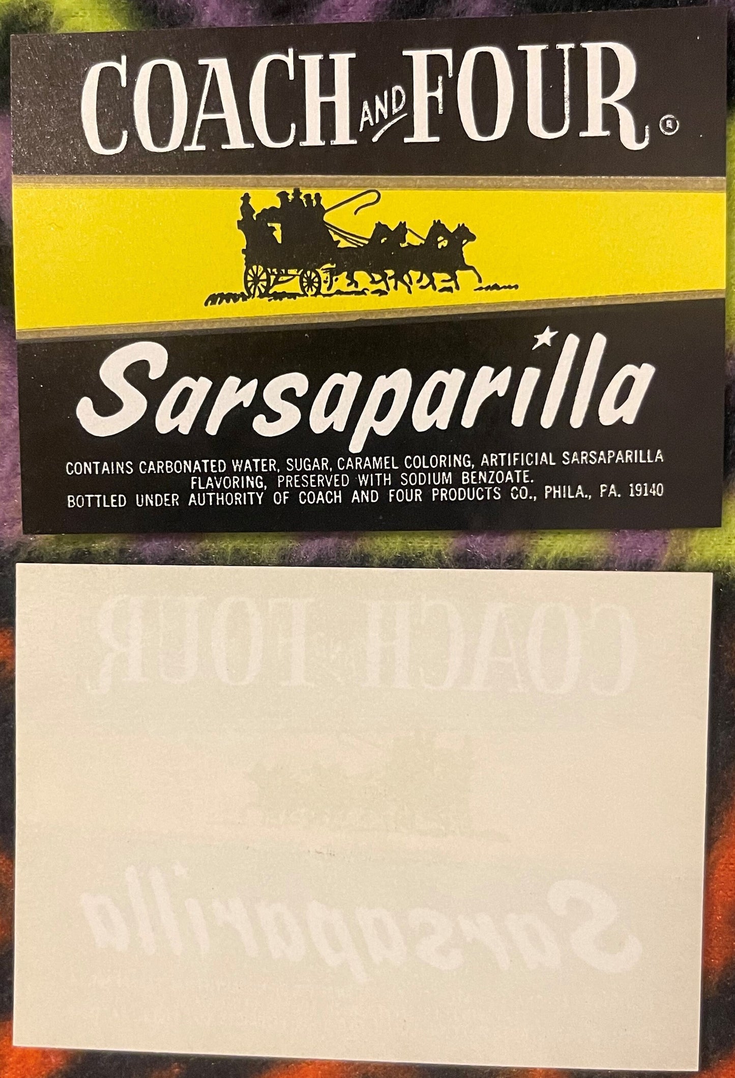 Vintage Coach and Four Sarsaparilla soda label with black header, yellow stripe, and silhouette of horse-drawn carriage, Phil