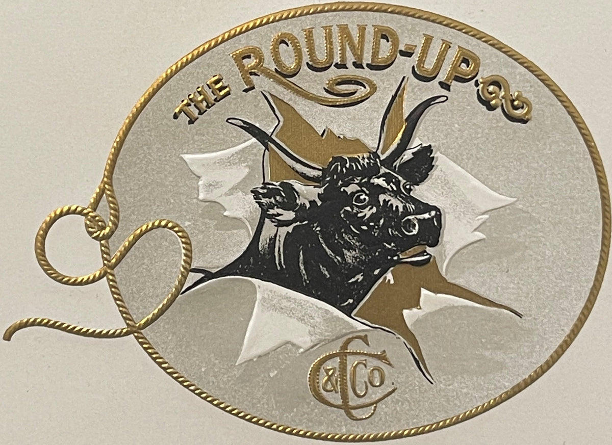 Circular embossed cigar label featuring a black bull with horns and rope, gold rope border, text "THE ROUND-UP" and "&CO"