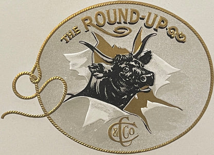Circular embossed cigar label featuring a black bull with horns and rope, gold rope border, text "THE ROUND-UP" and "&CO"