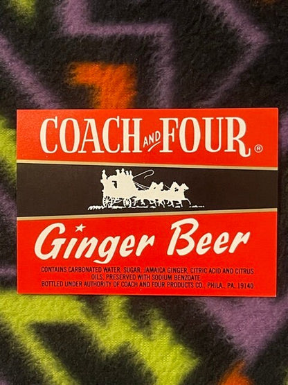 Vintage Coach and Four Ginger Beer label with red and black design, white text, horse-drawn coach silhouette, Philadelphia