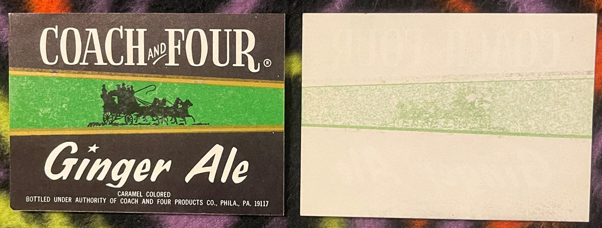 Vintage Coach and Four Ginger Ale label front and back, brown and green design with stagecoach silhouette, Philadelphia PA