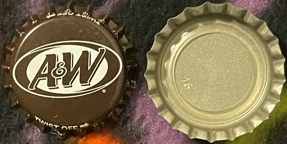 Vintage A&W Root Beer bottle cap showing front and back views; brown crown with white logo and twist-off ridged interior on p