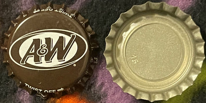 Vintage A&W Root Beer bottle cap showing front and back views; brown crown with white logo and twist-off ridged interior on p