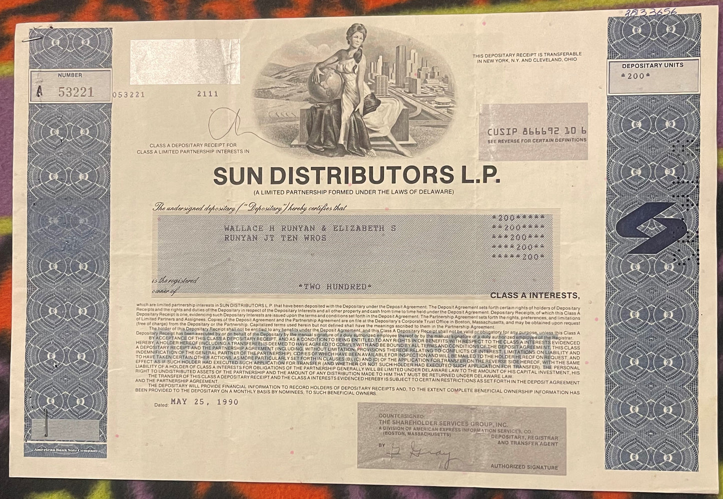 Vintage Sun Distributors L.P. Class A stock certificate with decorative borders, allegorical imagery, and blue security
