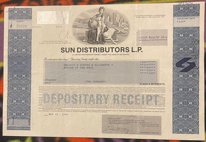 Vintage Sun Distributors L.P. Class A stock certificate with decorative borders, allegorical imagery, and blue security