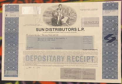 1990 Sun Distributors L.P. Class A Depositary Receipt stock cream colored with blue decorative bo