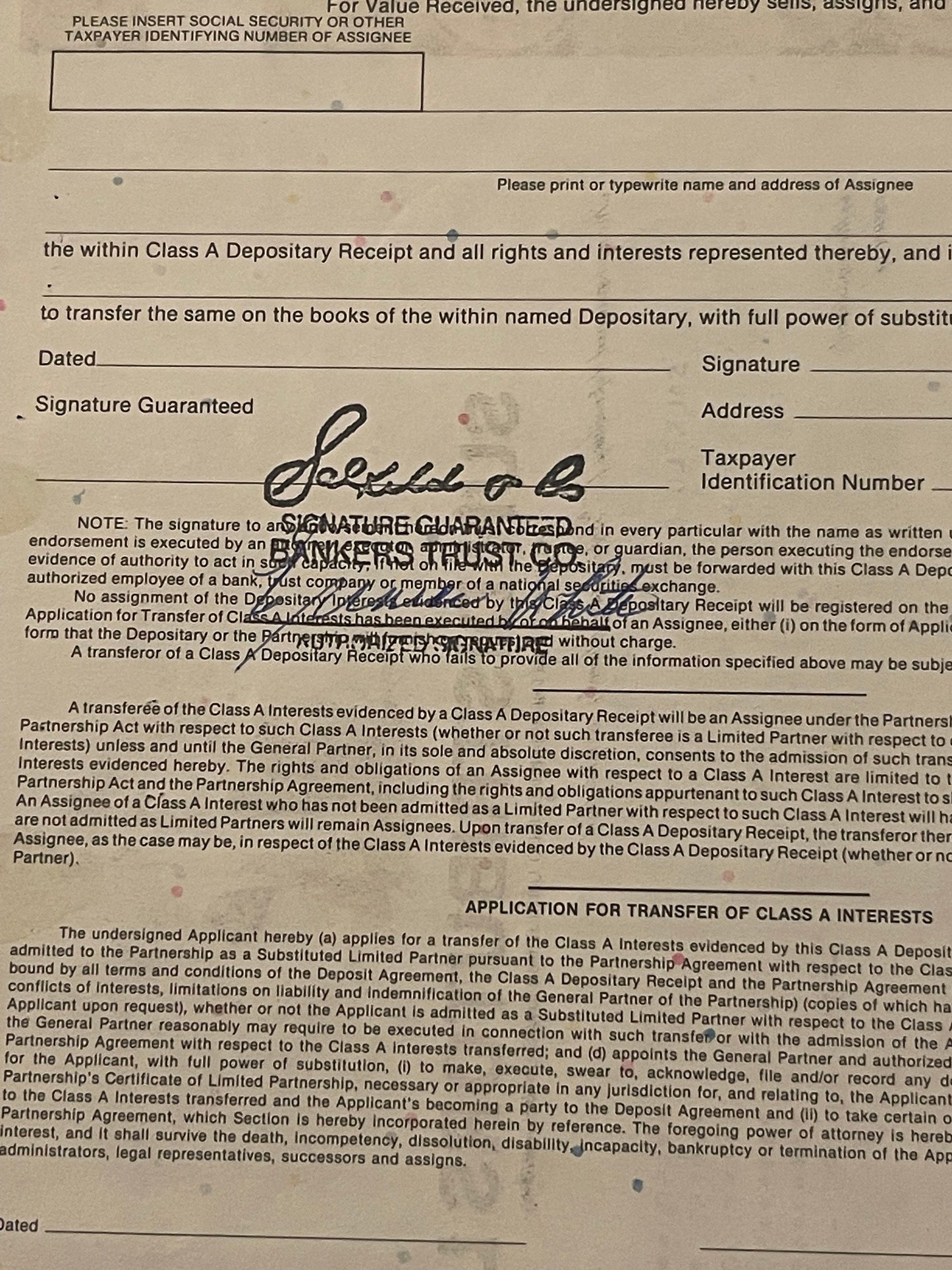 Vintage Class A Depositary Receipt form with handwritten signature "Harold A B" and printed legal text about stock transfer a