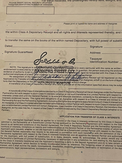 Vintage Class A Depositary Receipt form with handwritten signature "Harold A B" and printed legal text about stock transfer a