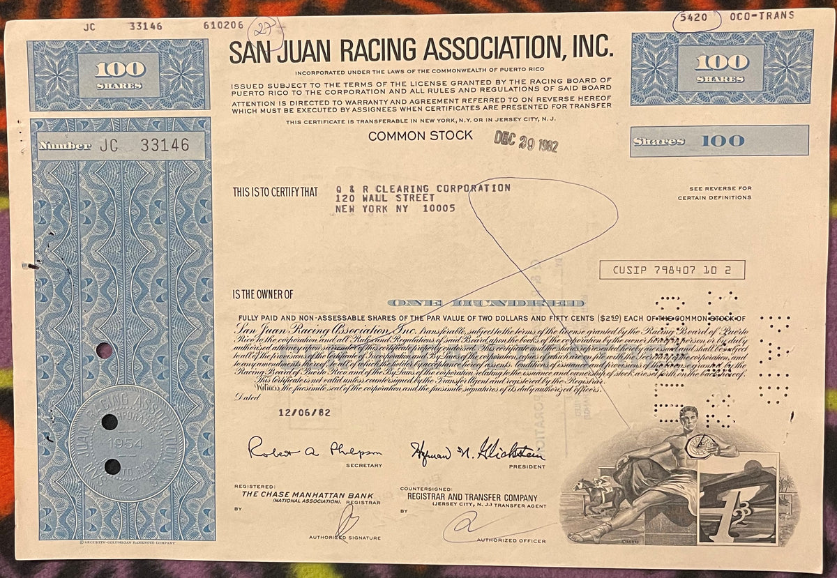 Vintage San Juan Racing Association stock certificate for 100 shares, printed in b
