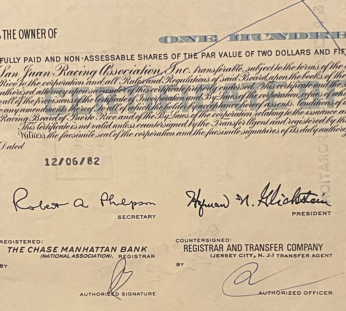 Vintage stock certificate for San Juan Racing Association Inc.