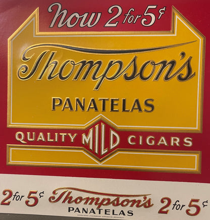 Antique cigar label for Thompson's Panatelas featuring gold and red embossed design with "Now 2 for 5¢" pricing text