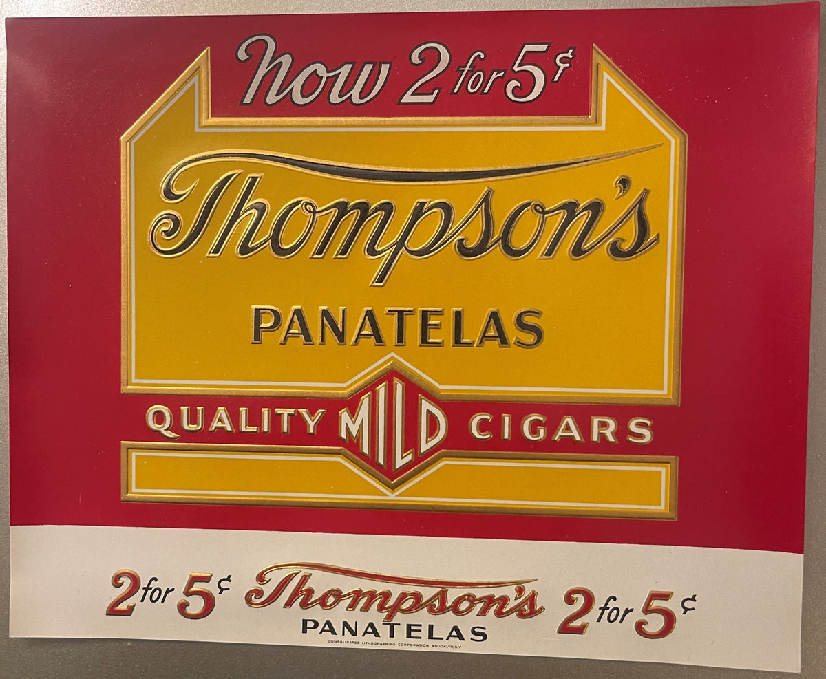 Antique Thompson's Panatelas cigar label with red and gold design, advertising "2 for 5¢" promotion, printed on cream and red